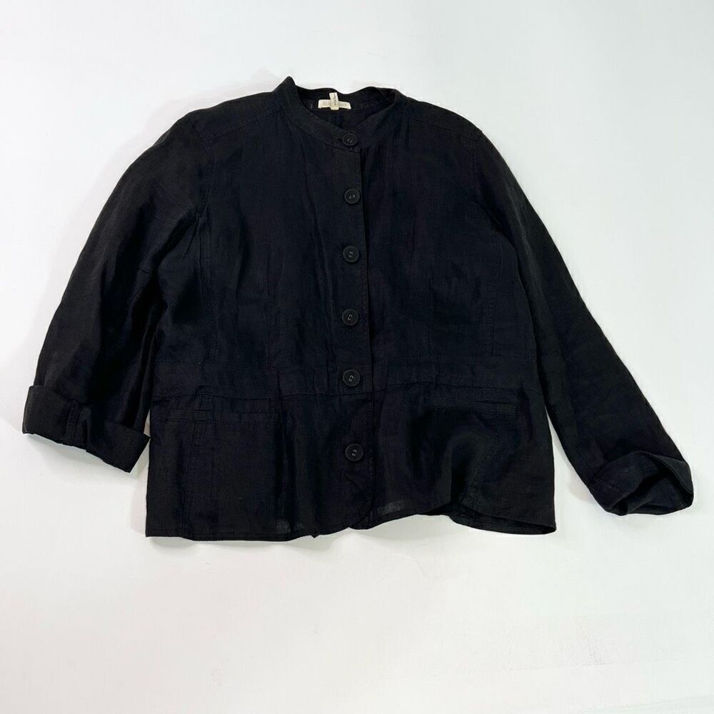 Eileen Fisher Jacket Womens Large Black Solid Linen Long-Sleeve Band Collar Blaz